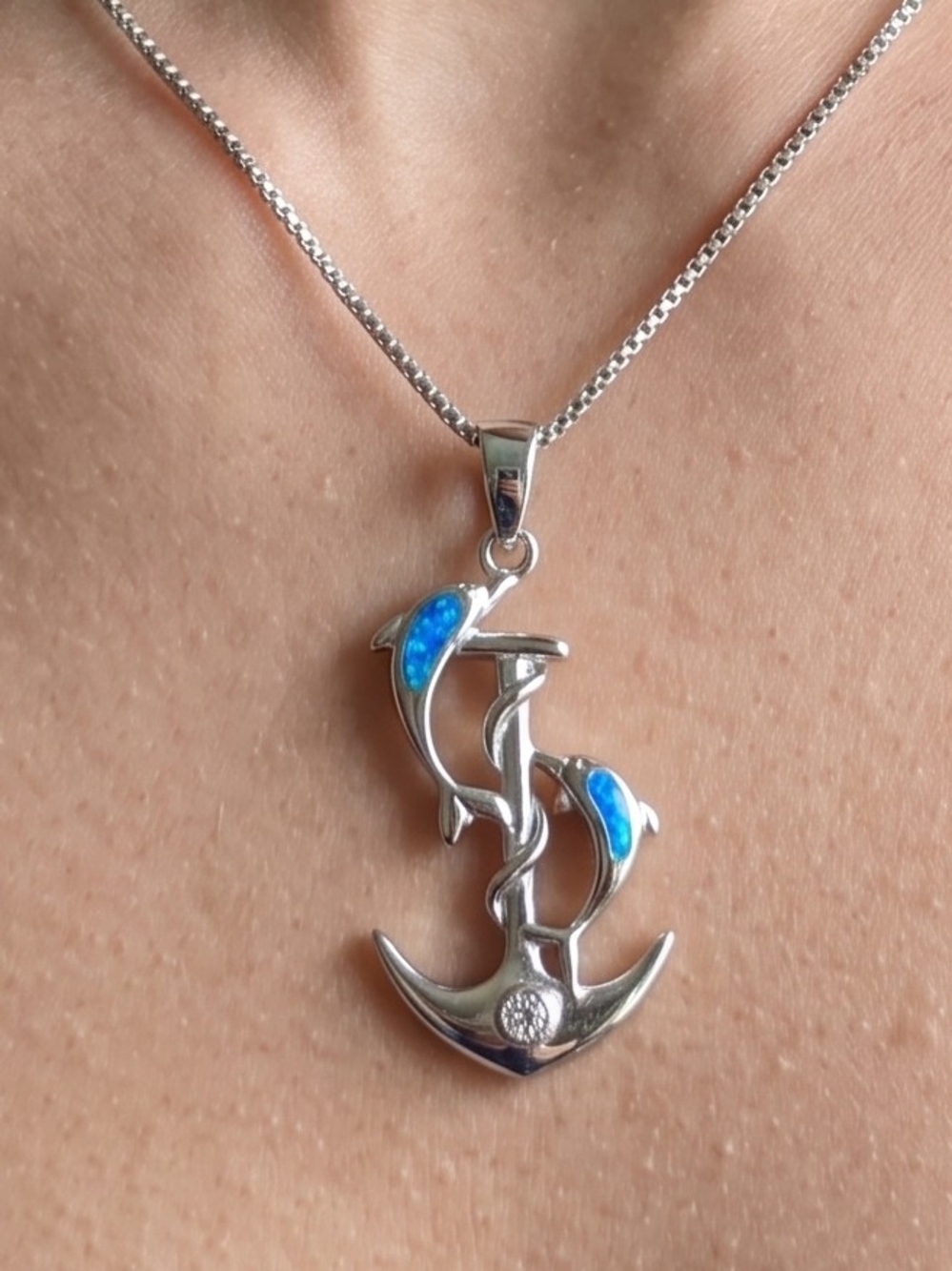 925 Sterling Silver Blue Opal Dolphin Anchor Pendant Coastal Mermaidcore NWT